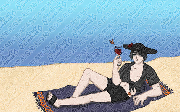 Zero, a pale person with silver eyes and grey hair, lounging on the beach in black swimwear, sipping red wine.