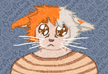 A very sad looking Miqo'te with pale skin, orange and white hair, and orange eyes.