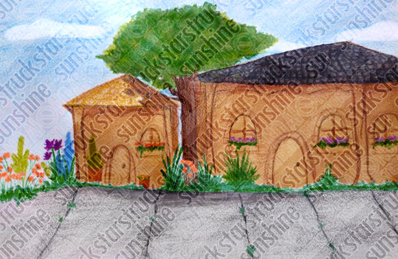 A couple of houses in tan colors with flowers growing in the windowsills, lining a grey sidewalk in which sparse grass grows. A tree is nested between the two houses, and colorful flowers are to the left of the smaller house,