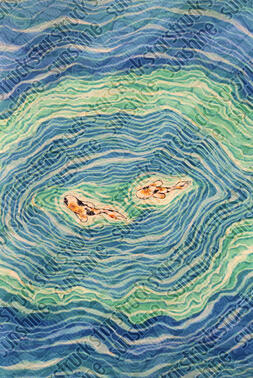 Two koi swimming in a pool of turquoise and blue water.