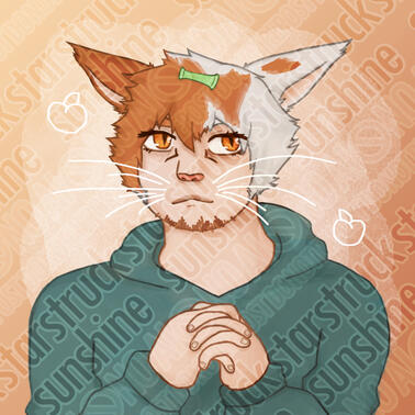 Peaches, a nervous looking Miqo'te holding his hands together. He has a green cat toy on his head.