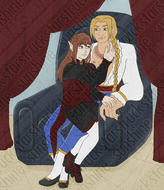 A vampire sitting on the lap of Vega from Street Fighter V, gently touching his neck.