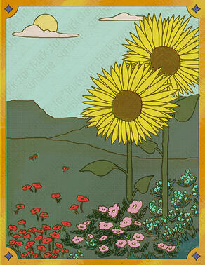 A field of wild roses, forget-me-nots, poppies, and sunflowers. The border is golden, with a star in each corner.